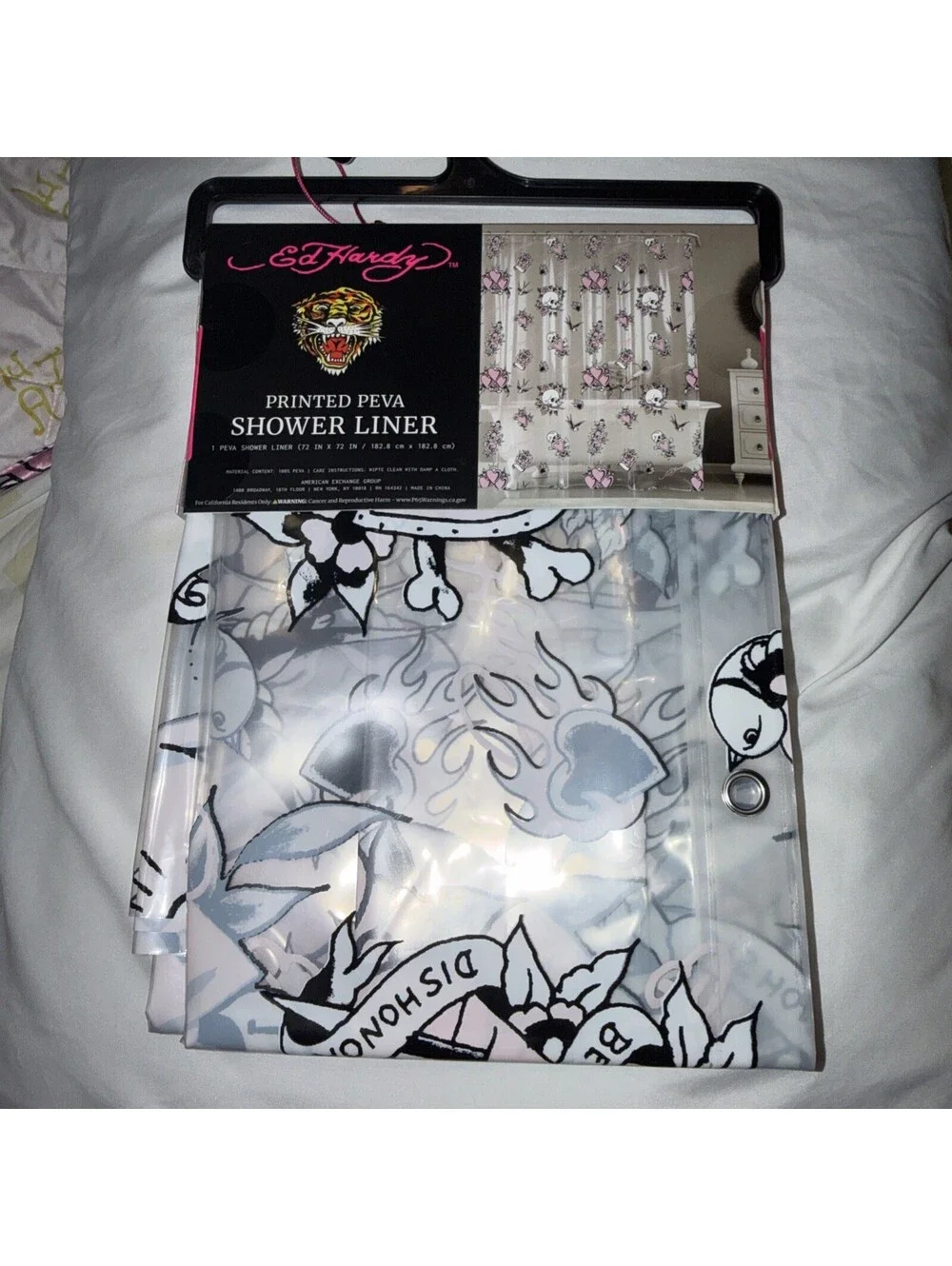 Ed Hardy Love Skull Shower Curtain Liner 72x72 Tattoo Hearts PEVA New